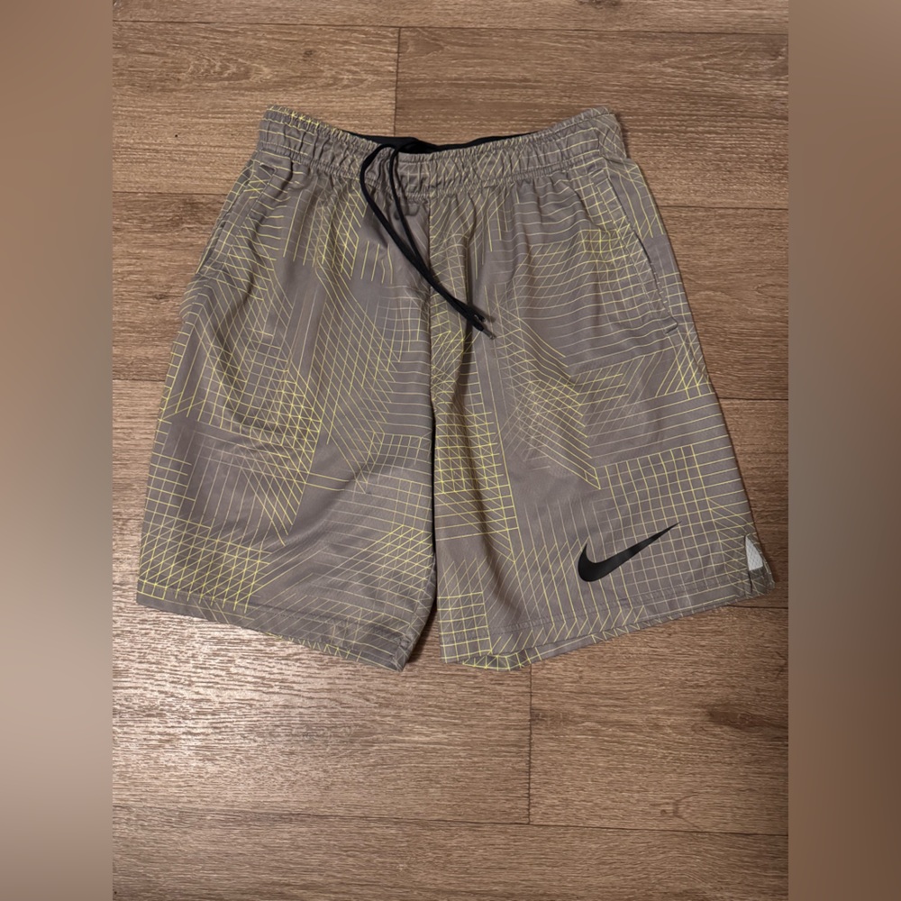 Nike Men’s Gray Shorts with Neon Yellow Grid Accents